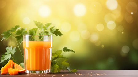 Refreshing carrot juice on blurred green bokeh background with plenty of text spaceの素材