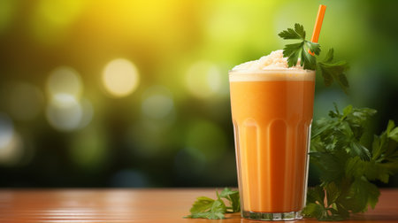 Refreshing carrot juice on green bokeh background with copy space, healthy drink conceptの素材