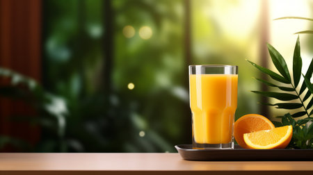 Refreshing orange carrot juice on blurred green bokeh background with space for textの素材