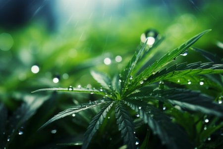 High def 3d marijuana effect with dew drops on leaves, early morning fog, blurred backgroundの素材