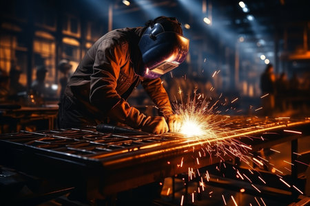 Professional welder welding metal on large pipe with protective mask and sparks in blue lightの素材