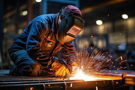 Professional welder in mask working on medium-sized pipe, close-up with blue lightの素材