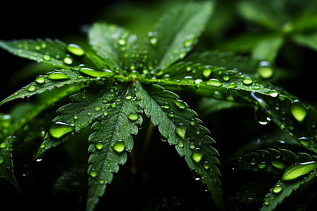 High definition 3d marijuana plant with dew drops on leaves in early morning fogの素材