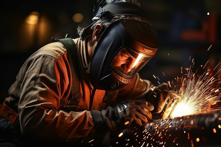 Professional welder sparks metal welding pipe close-up high resolution blue lightの素材
