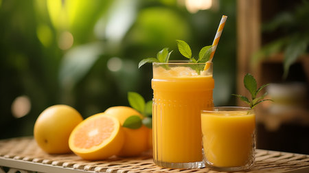 Refreshing orange carrot juice on blurred green bokeh background with copyspace for textの素材
