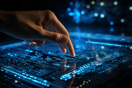 Digital tablet screen pressed on binary code background, communication connection technologiesの素材