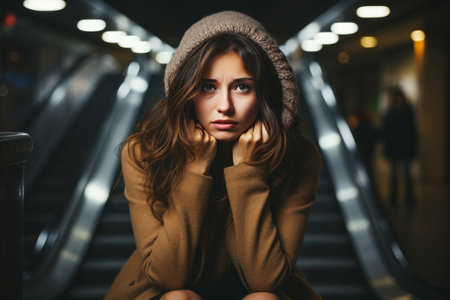 Close-up portrait of young frightened woman with wide eyes in high quality photographyの素材