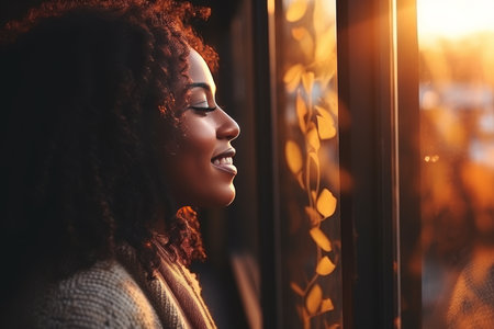 Beautiful afro american woman looking out the window at sunset, relaxing and dreaming at homeの素材