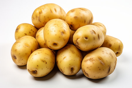Organic potatoes with dirt on white background, fresh produce for sale in grocery store or marketの素材