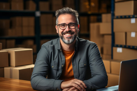 Portrait of man with online marketing packaging. sme e-commerce telemarketing conceptの素材