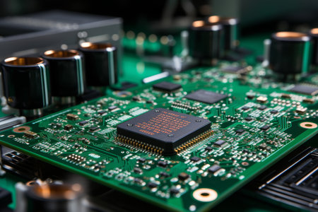 Close-up of printed circuit board microcircuit chip assembly setup in automated workshop lightingの素材