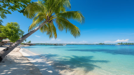 Tranquil tropical beach scene with palm trees and serene lagoon for high-quality image saleの素材