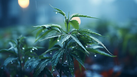 Healthy morning. Marijuana leaves on big screen in foggy green bokeh backgroundの素材