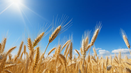 Vibrant wheat field on a sunny summer day with clear blue sky - high resolution imageの素材