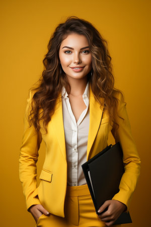 Smiling european businesswoman in yellow suit holding paper file on isolated yellow backgroundの素材