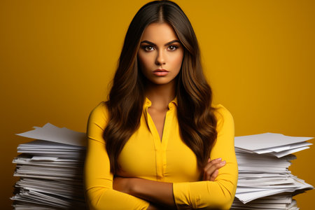 Serious European woman in yellow suit with large stack of documents, overtime work in officeの素材