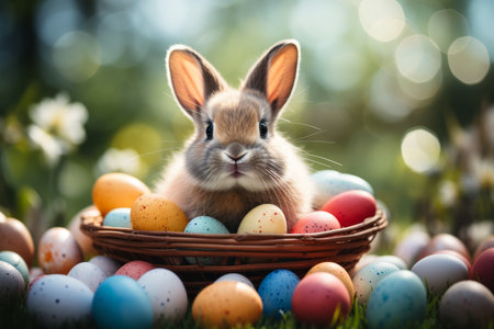 Easter bunny with colorful eggs in basket on grass - festive easter image for cards and decorationsの素材