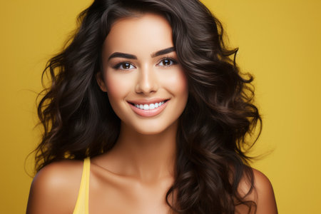 Smiling european woman isolated on yellow background. Beauty concept studio portraitの素材