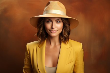 Portrait of a smiling European woman in stylish yellow suit and hat on brown studio backgroundの素材