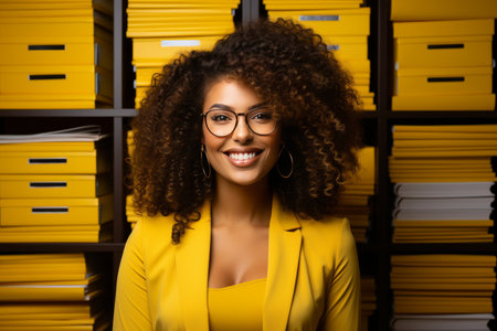 Smiling afro woman in yellow suit office portrait with document rack - high qualityの素材