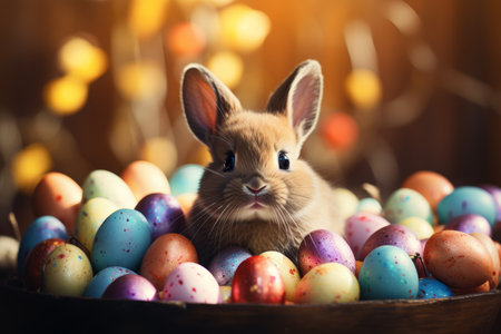 Easter bunny, colorful eggs on fresh grass, blurred background for spring celebrationの素材