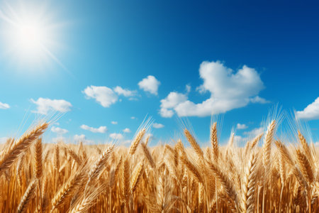 Idyllic sunlit wheat field on clear summer day - high resolution landscape imageの素材