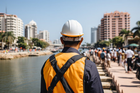 Engineer overseeing bridge construction and urban infrastructure development for city growthの素材