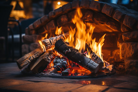 Close-up with burning logs and vivid burning orange and yellow flamesの素材