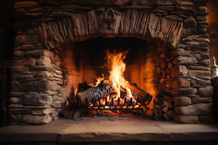 Cozy stone fireplace with real wood burning on cold night, warm winter concept - high qualityの素材