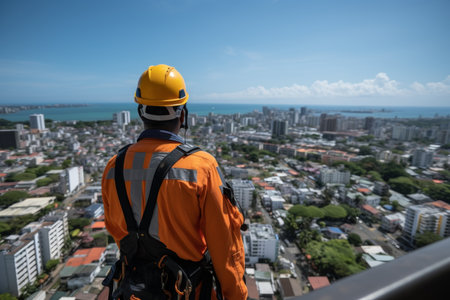 Construction worker in safety uniform and helmet on top of building with city skyline backgroundの素材