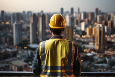 Construction worker in safety uniform and helmet on top of building with city skyline backgroundの素材