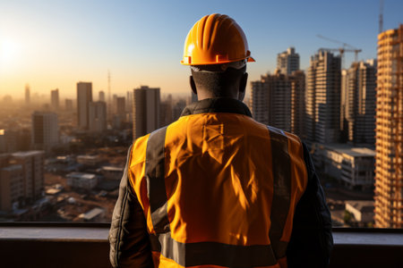 Construction worker in safety helmet and uniform on top of skyscraper overlooking city skylineの素材