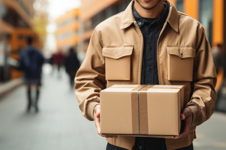 Parcel delivery man with package - concept of online shopping and product deliveryの素材