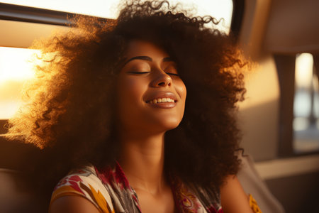 Beautiful dreamy afro woman by window in sunset rays, peaceful contemplation and serenityの素材