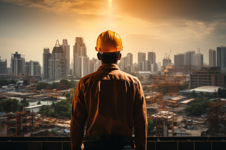 Construction worker in safety gear on city building with skyline view during construction workの素材