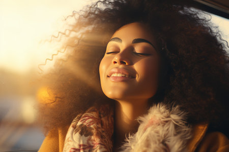 Young afro woman dreaming with closed eyes near the window in the rays of the setting sunの素材