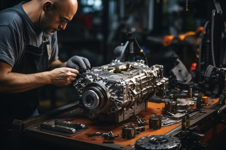 Male mechanic inspecting car engine in bright auto workshop, car repair service conceptの素材
