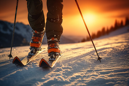Close-up of skiers leg in natural winter sports setting with beautiful sunset backgroundの素材