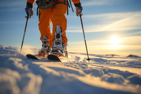 Close-up of skiers leg in natural setting on clear day, winter sports backgroundの素材