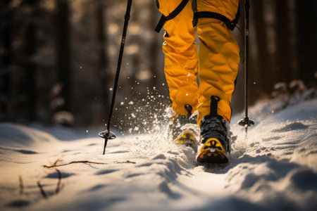 Close-up of skiers leg in natural setting, space for text, winter sports backgroundの素材