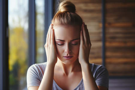 Portrait of girl with headache and depression, experiencing family issues and emotional distressの素材