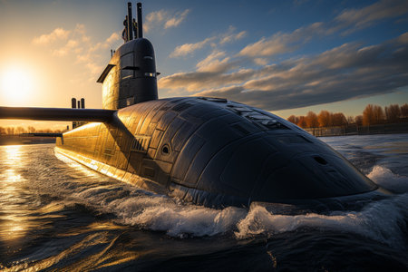 Black modern military submarine sailing into the ocean at sunset, naval vessel at duskの素材