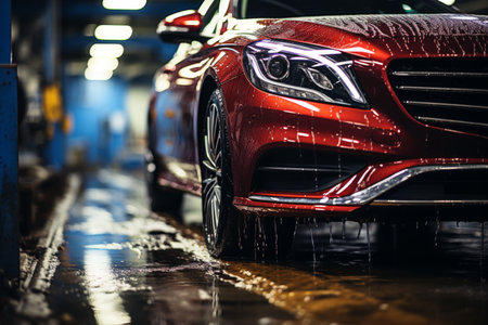 Red sports car professionally shampooed in car wash center, vehicle detailing serviceの素材