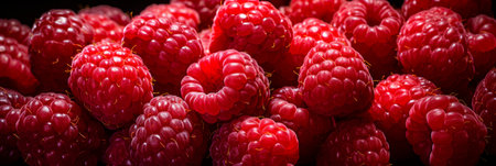 Fresh ripe red raspberries top view high frame, sweet juicy berries for healthy eating and livingの素材