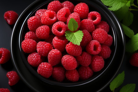 Fresh sweet raspberries in large cup on table - perfect fruit for sale, top view imageの素材