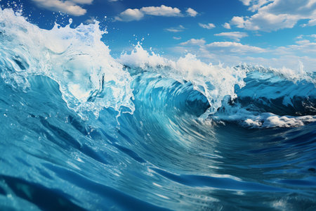 Majestic foamy sea waves crashing under dramatic cloudy sky, scenic ocean backgroundの素材