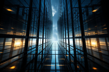 Abstract modern blue glass skyscraper in business center viewed from bottom-up perspectiveの素材