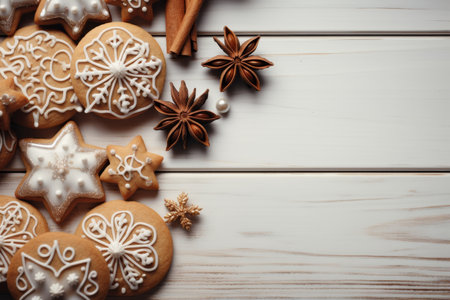 Christmas frame with gingerbread, fir tree, pine cones, toys on white wooden backgroundの素材