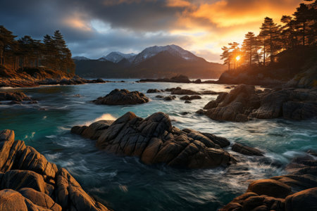 Breathtaking sunset over mountain slope with majestic ridge and serene lake viewの素材