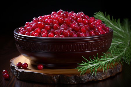 Fresh cranberries in wooden bowl on rustic background, organic healthy fruits for cooking and bakingの素材